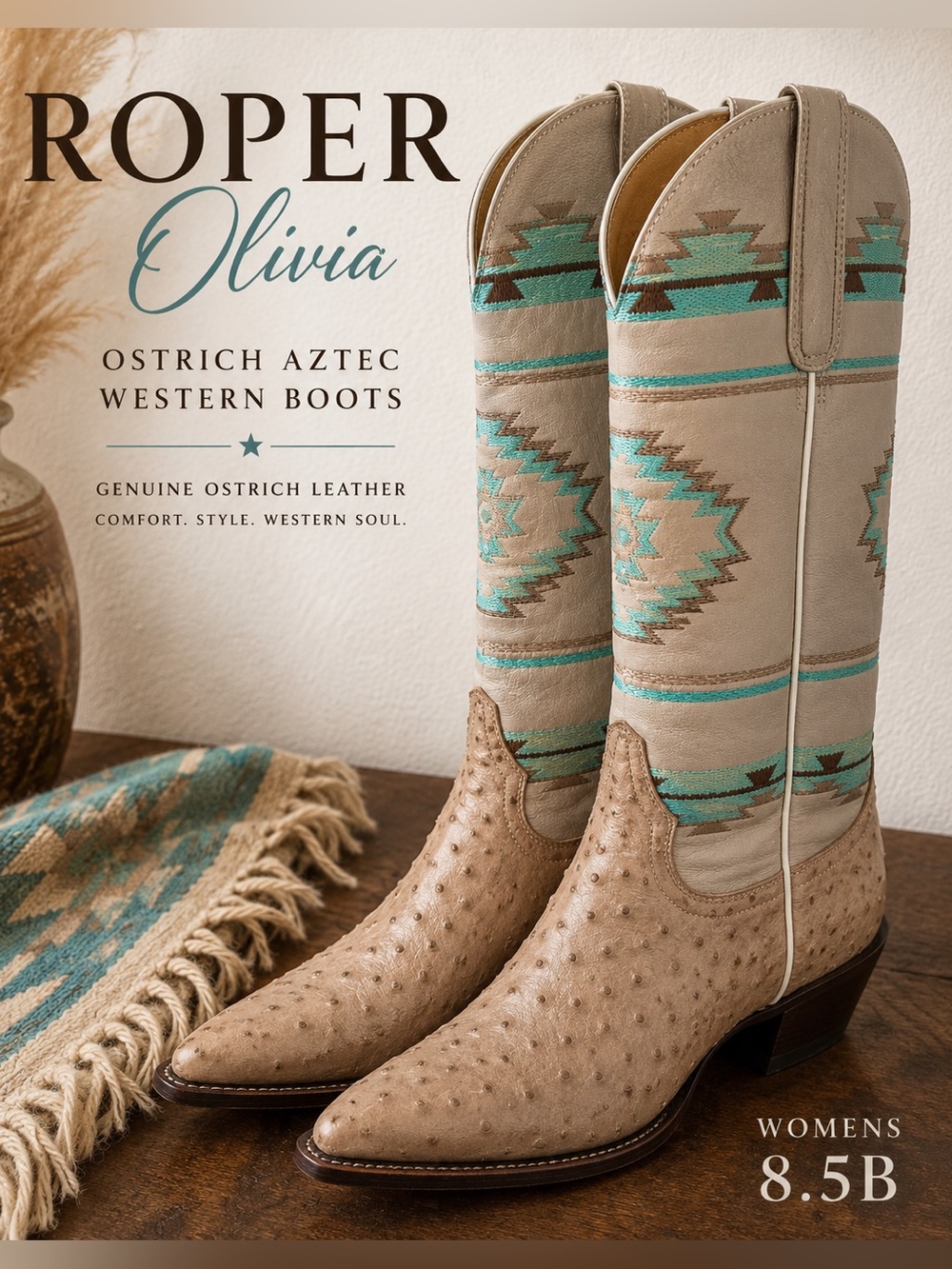 ROPER Olivia Ostrich Aztec Western Cowboy Boots Womens 8.5B NWT